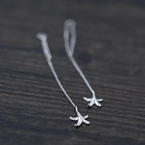 Sterling Silver Starfish Dangle Drop Threader Earrings - Picture 3 of 6